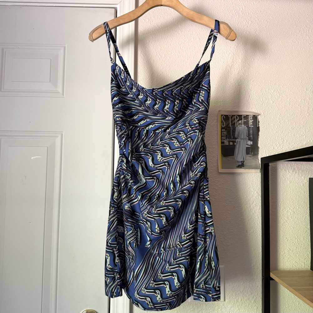 NWT MAISIE WILEN blue printed square neck slip sleeveless‎ mini dress